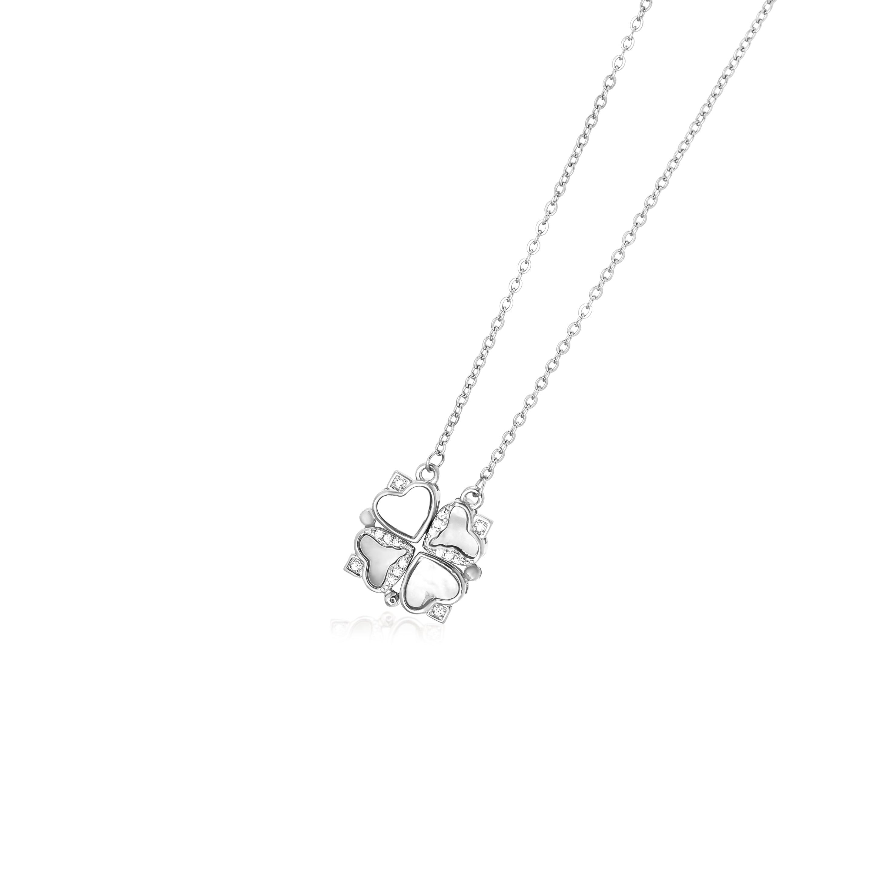 Adjustable 4 Leaf Clover Heart Necklace Silver Clover Pendant Zircon Stones