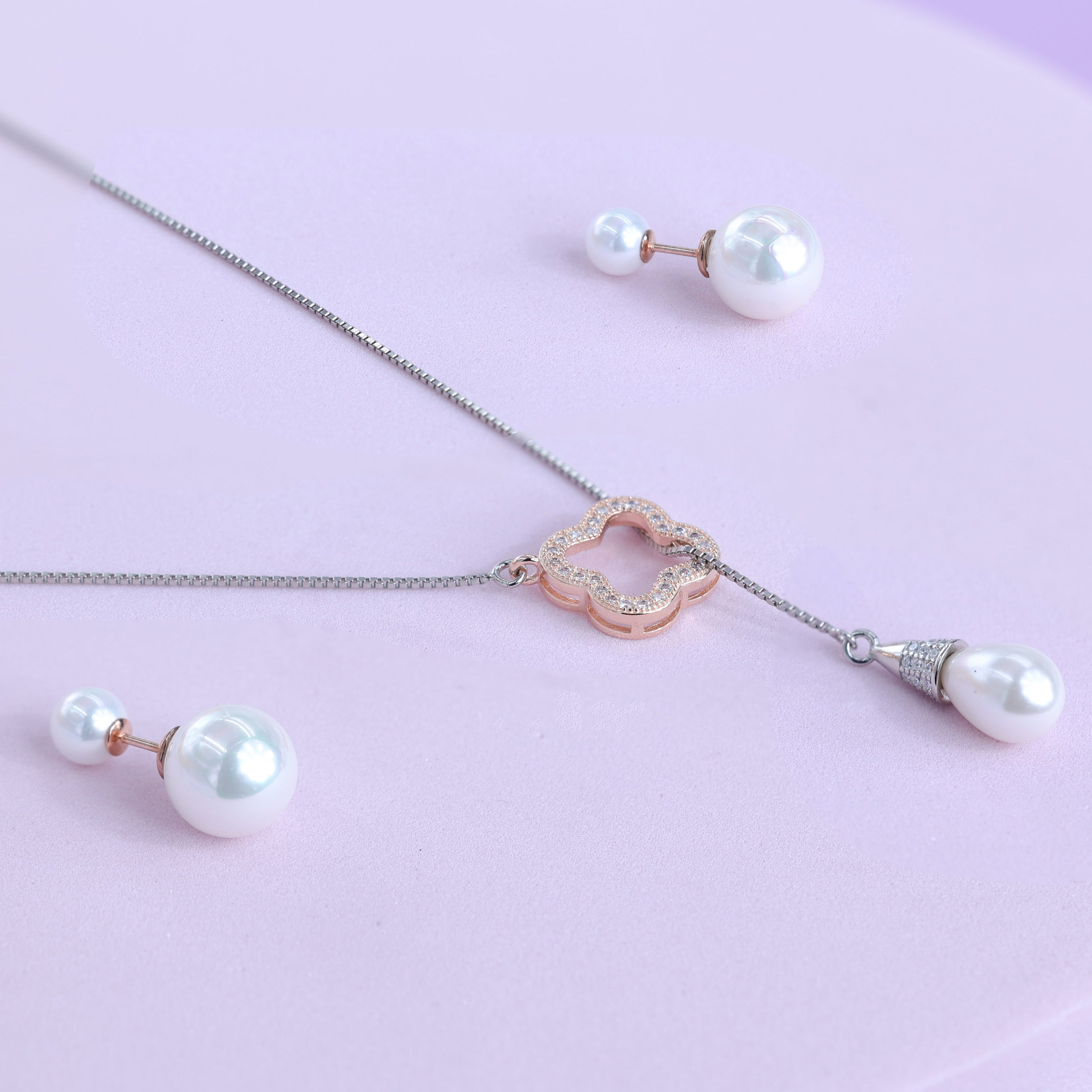 Rose Gold Clover Pearl Drop Set