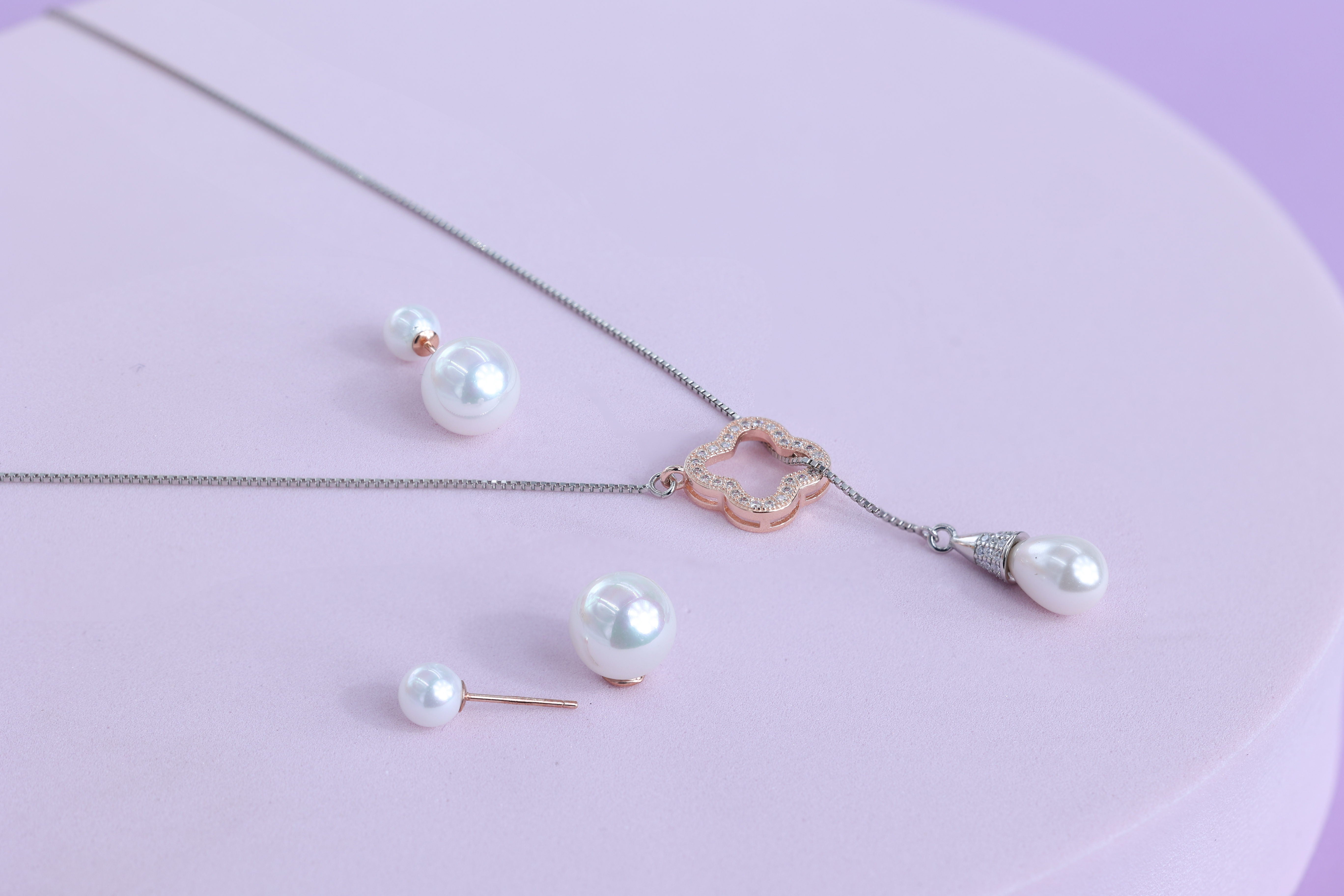 Rose Gold Clover Pearl Drop Set